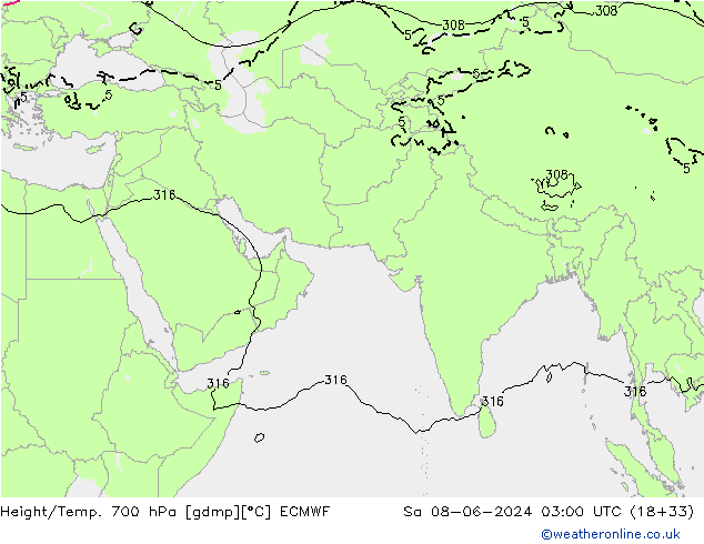 Height/Temp. 700 hPa ECMWF Sa 08.06.2024 03 UTC