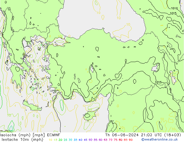 Isotachs (mph) ECMWF Th 06.06.2024 21 UTC