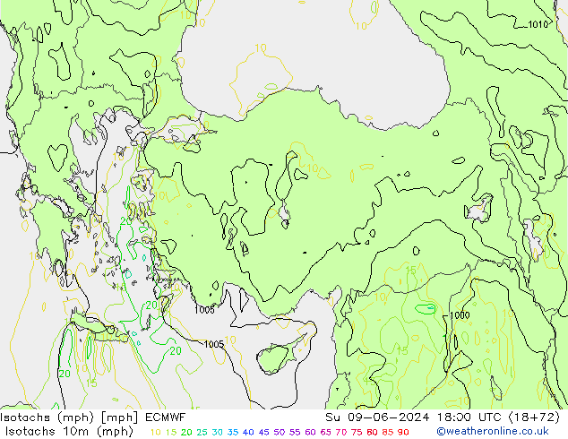 Eşrüzgar Hızları mph ECMWF Paz 09.06.2024 18 UTC