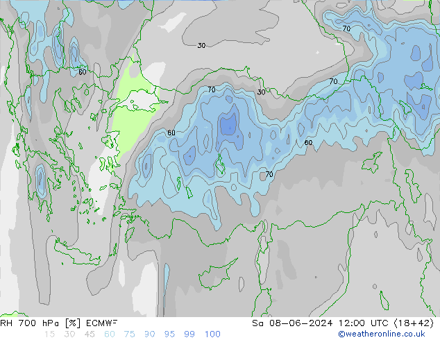 RH 700 hPa ECMWF sab 08.06.2024 12 UTC