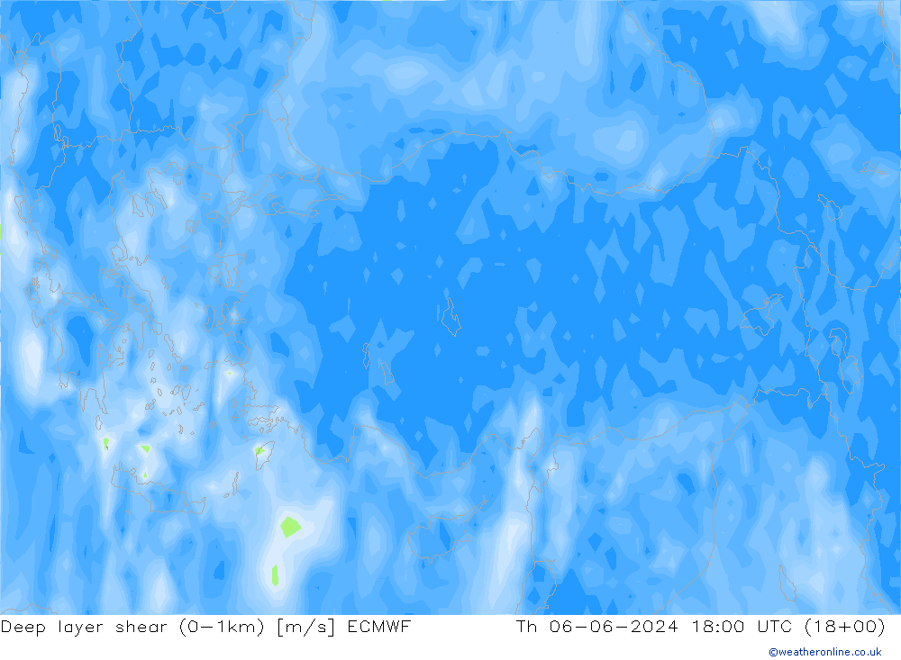 Deep layer shear (0-1km) ECMWF gio 06.06.2024 18 UTC