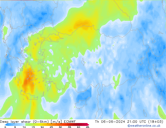 Deep layer shear (0-6km) ECMWF Th 06.06.2024 21 UTC