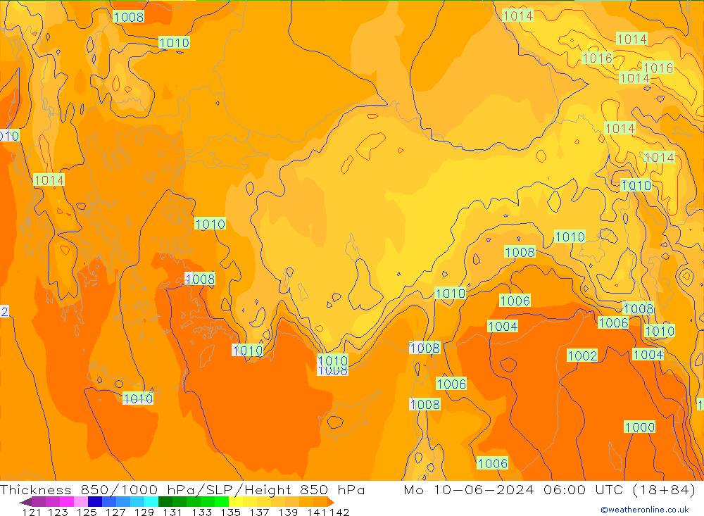 Thck 850-1000 hPa ECMWF lun 10.06.2024 06 UTC