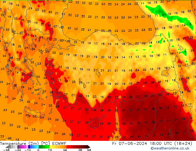 Sıcaklık Haritası (2m) ECMWF Cu 07.06.2024 18 UTC