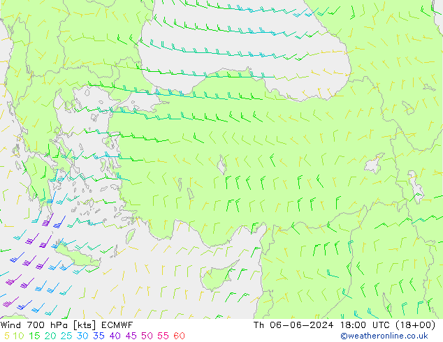 Wind 700 hPa ECMWF Čt 06.06.2024 18 UTC