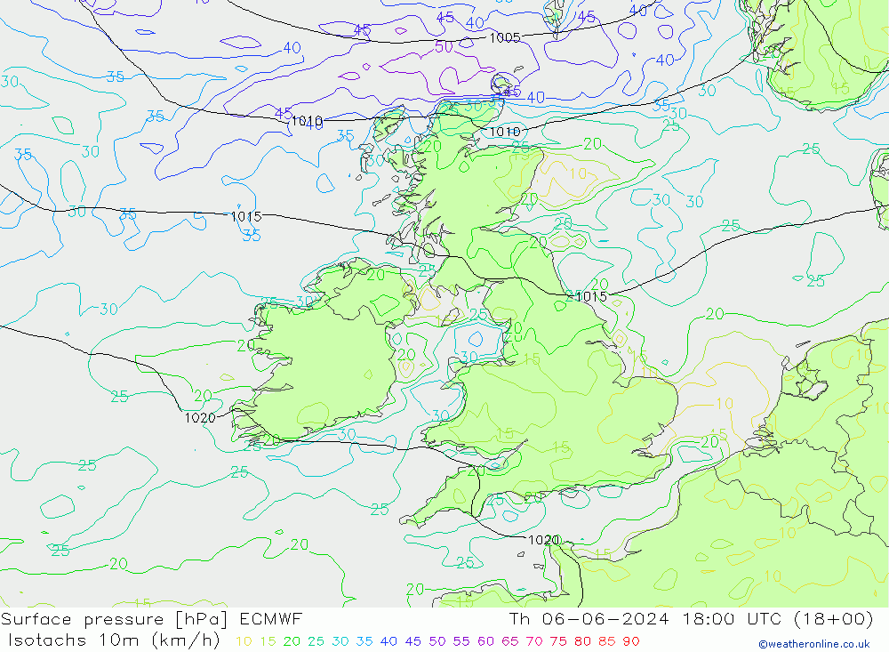 Isotaca (kph) ECMWF jue 06.06.2024 18 UTC