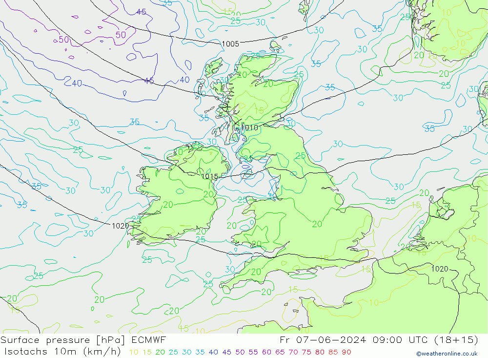 Isotachs (kph) ECMWF ven 07.06.2024 09 UTC