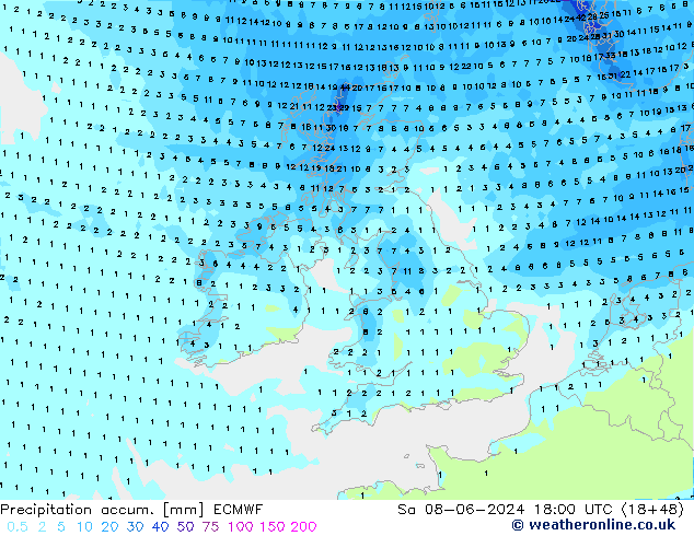 Precipitation accum. ECMWF Sa 08.06.2024 18 UTC