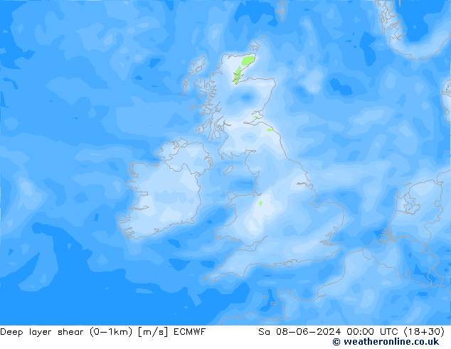 Deep layer shear (0-1km) ECMWF sáb 08.06.2024 00 UTC