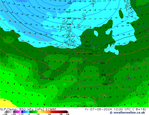 SLP/Temp. 850 hPa ECMWF Fr 07.06.2024 12 UTC