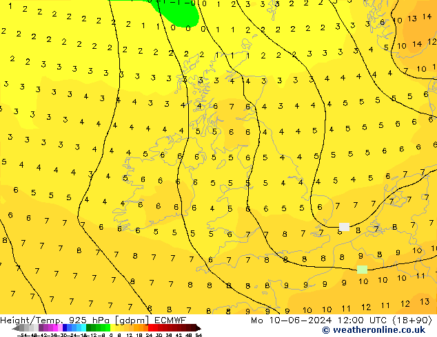 Height/Temp. 925 hPa ECMWF Mo 10.06.2024 12 UTC