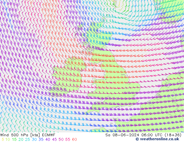 Wind 500 hPa ECMWF Sa 08.06.2024 06 UTC