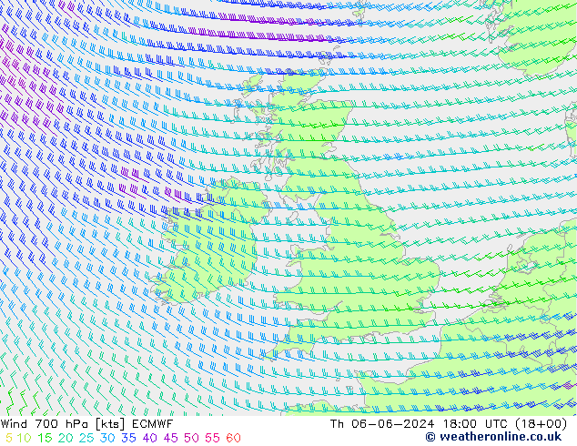 Wind 700 hPa ECMWF Th 06.06.2024 18 UTC