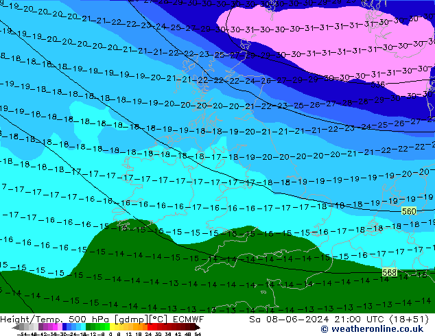 Géop./Temp. 500 hPa ECMWF sam 08.06.2024 21 UTC