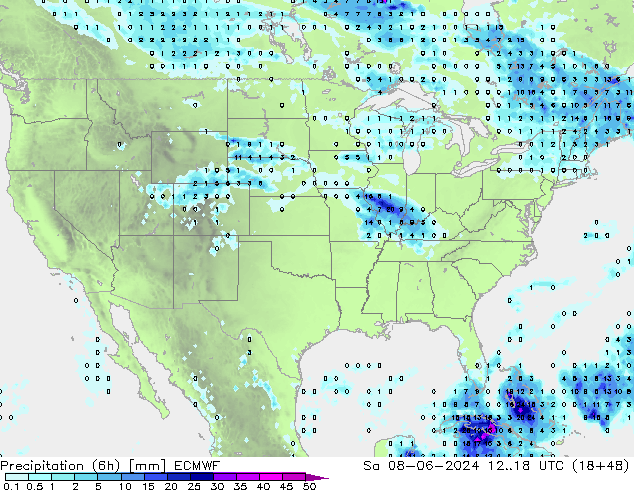 Precipitazione (6h) ECMWF sab 08.06.2024 18 UTC