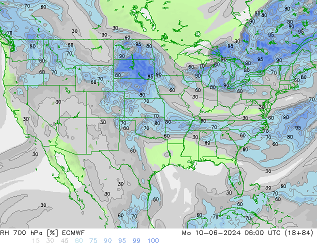 Humidité rel. 700 hPa ECMWF lun 10.06.2024 06 UTC