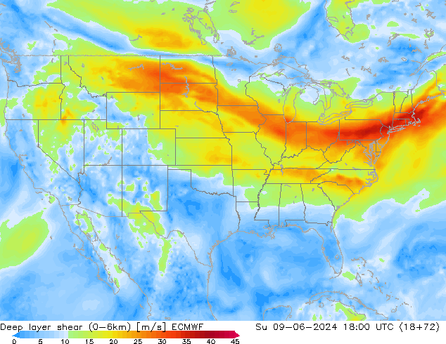 Deep layer shear (0-6km) ECMWF Вс 09.06.2024 18 UTC