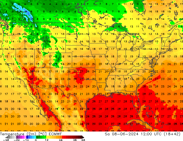 Temperatura (2m) ECMWF sab 08.06.2024 12 UTC