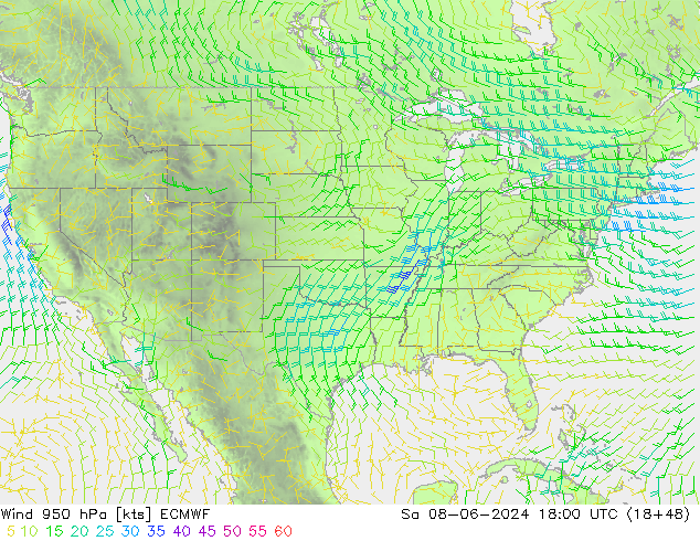 Vento 950 hPa ECMWF sab 08.06.2024 18 UTC