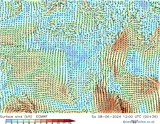 ве�Bе�@ 10 m (bft) ECMWF сб 08.06.2024 12 UTC