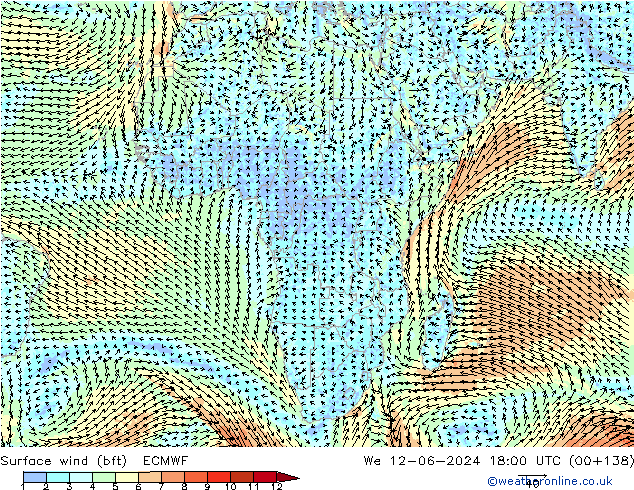 Surface wind (bft) ECMWF We 12.06.2024 18 UTC