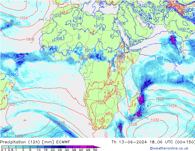 Precipitation (12h) ECMWF Čt 13.06.2024 06 UTC