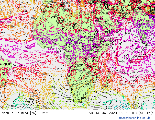 Theta-e 850hPa ECMWF Ne 09.06.2024 12 UTC