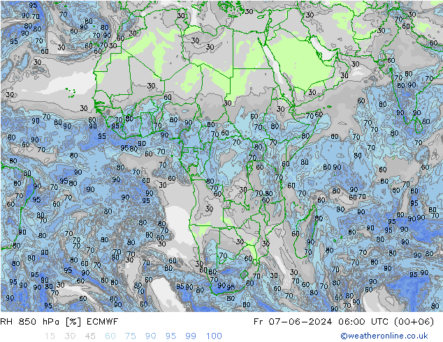 RH 850 hPa ECMWF ven 07.06.2024 06 UTC