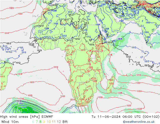 Izotacha ECMWF wto. 11.06.2024 06 UTC