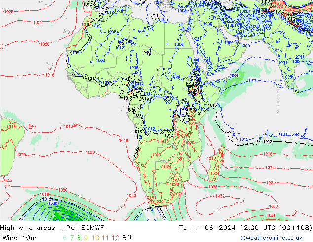 High wind areas ECMWF Út 11.06.2024 12 UTC