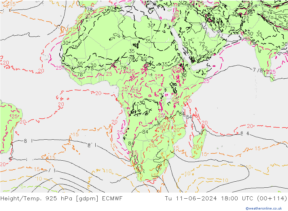 Height/Temp. 925 гПа ECMWF вт 11.06.2024 18 UTC