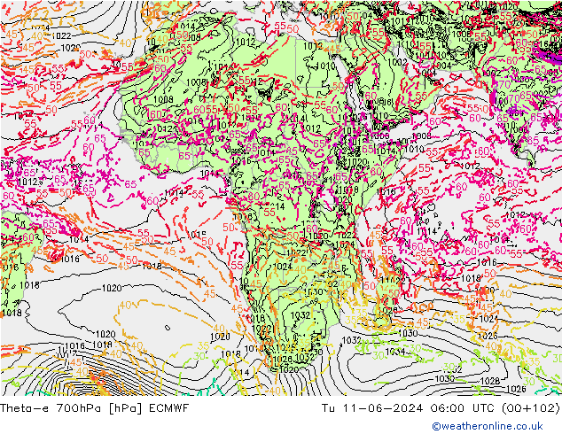 Theta-e 700hPa ECMWF mar 11.06.2024 06 UTC