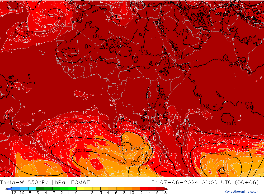 Theta-W 850hPa ECMWF Sex 07.06.2024 06 UTC