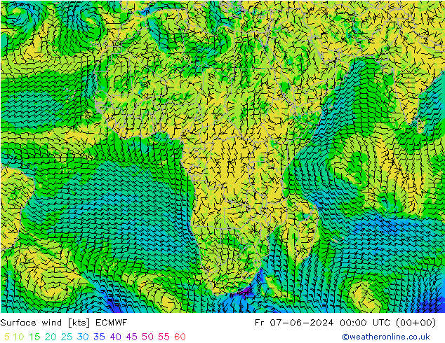 Surface wind ECMWF Fr 07.06.2024 00 UTC