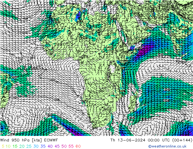 Wind 950 hPa ECMWF Čt 13.06.2024 00 UTC