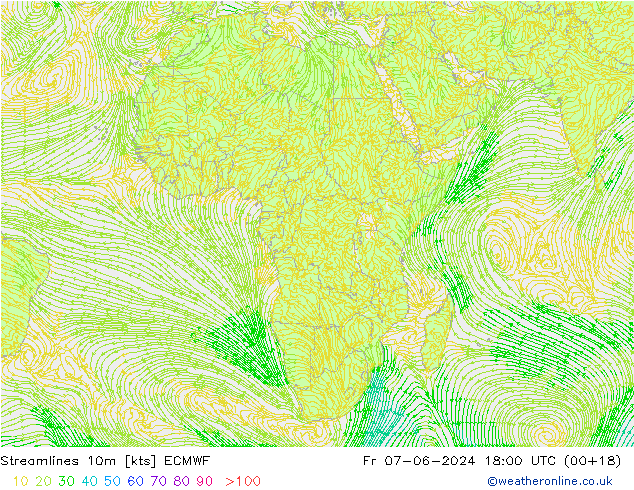 Linia prądu 10m ECMWF pt. 07.06.2024 18 UTC