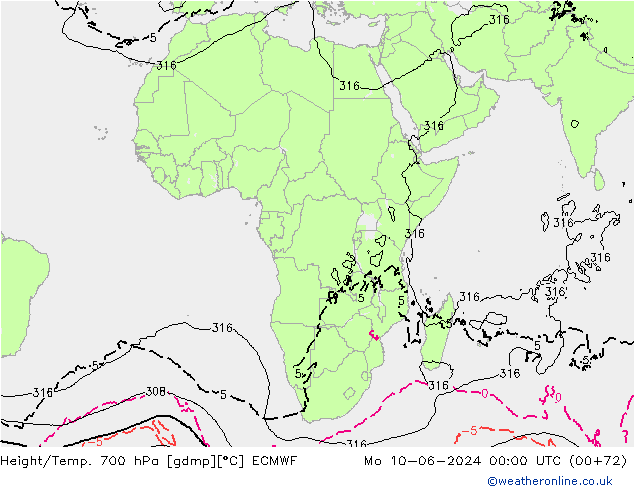 Height/Temp. 700 hPa ECMWF Po 10.06.2024 00 UTC