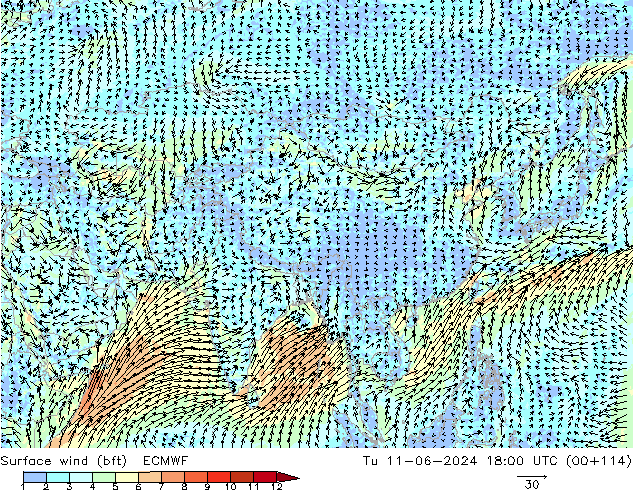 Rüzgar 10 m (bft) ECMWF Sa 11.06.2024 18 UTC
