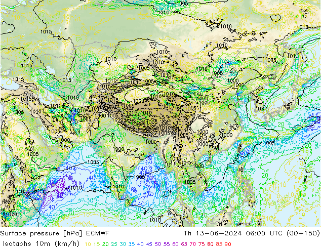 Isotachs (kph) ECMWF  13.06.2024 06 UTC