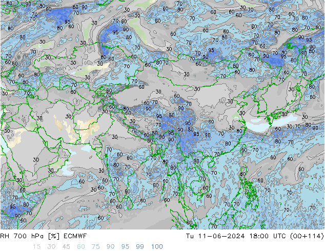 RH 700 hPa ECMWF mar 11.06.2024 18 UTC