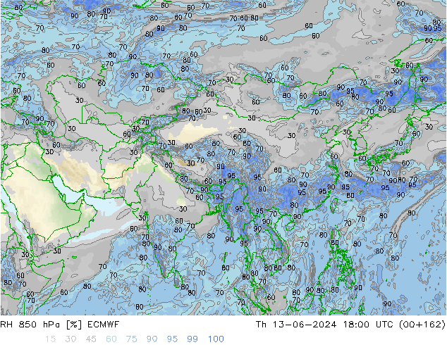 RH 850 hPa ECMWF Qui 13.06.2024 18 UTC