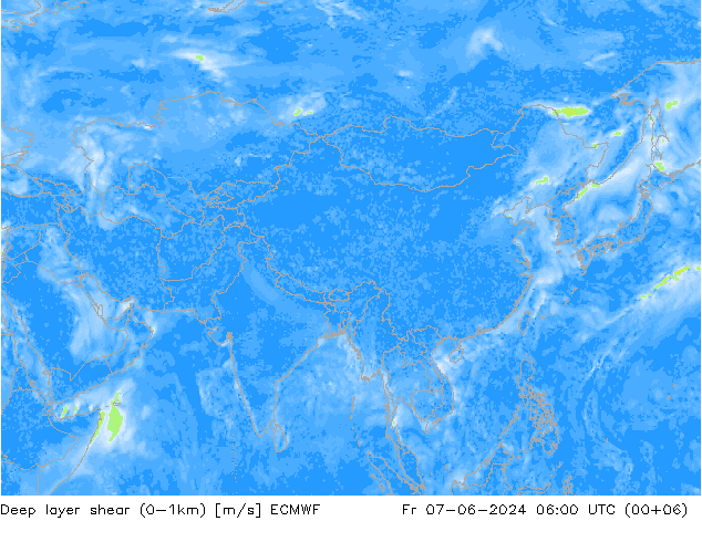 Deep layer shear (0-1km) ECMWF ven 07.06.2024 06 UTC