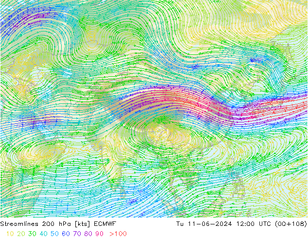 Streamlines 200 hPa ECMWF Tu 11.06.2024 12 UTC