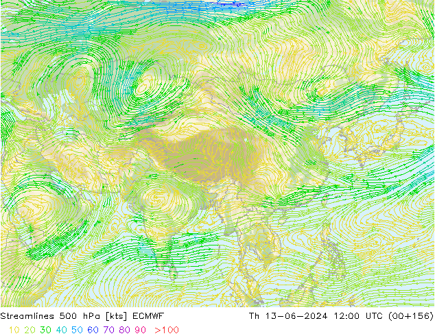 Línea de corriente 500 hPa ECMWF jue 13.06.2024 12 UTC