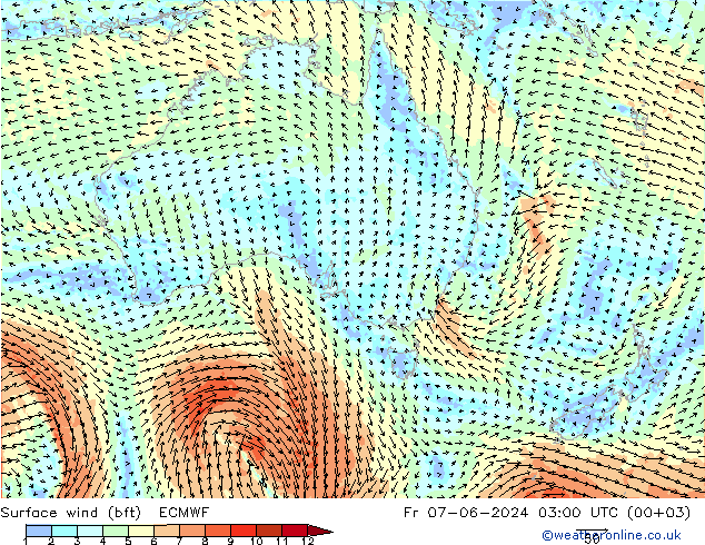 Surface wind (bft) ECMWF Fr 07.06.2024 03 UTC