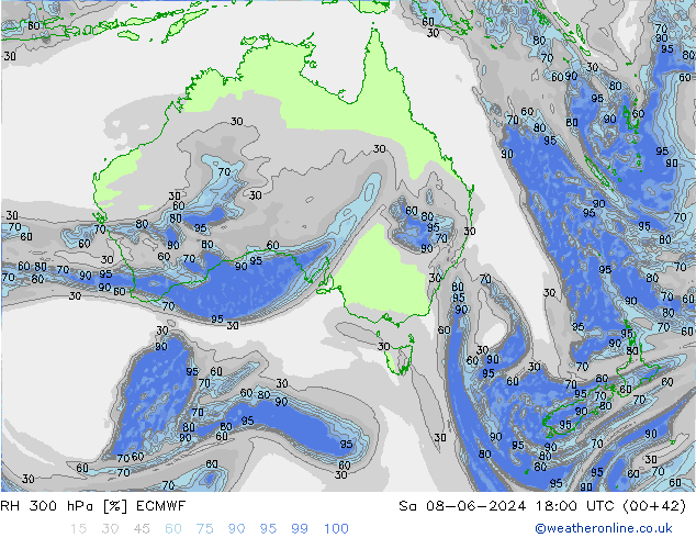 RH 300 hPa ECMWF sab 08.06.2024 18 UTC