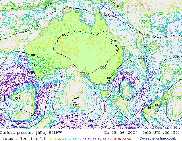 Isotachen (km/h) ECMWF Sa 08.06.2024 15 UTC