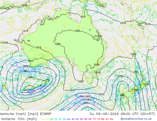 Isotachs (mph) ECMWF Su 09.06.2024 09 UTC