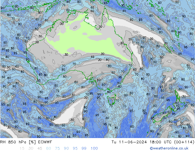 RH 850 гПа ECMWF вт 11.06.2024 18 UTC