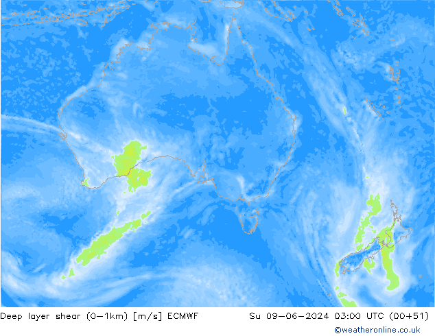 Deep layer shear (0-1km) ECMWF dom 09.06.2024 03 UTC